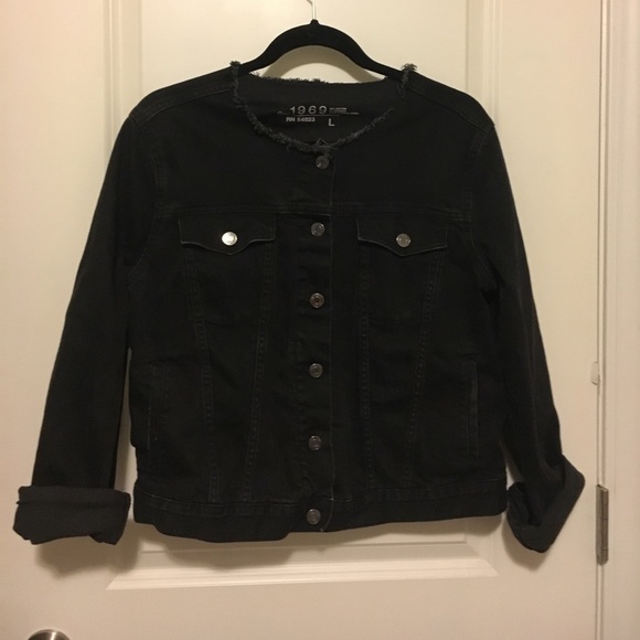 collarless black denim jacket